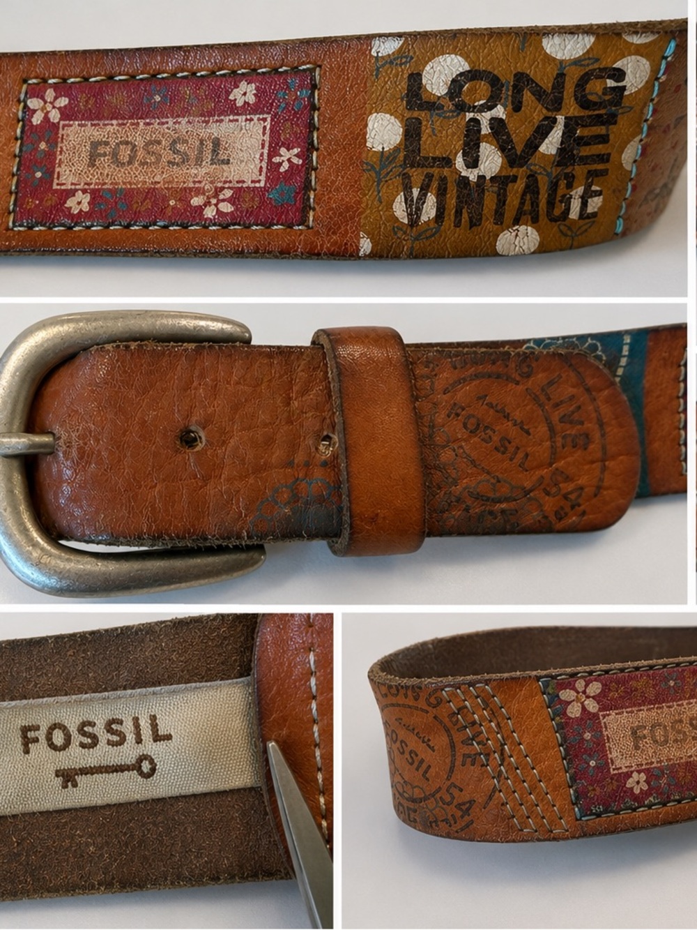 Fossil Vintage Genuine Leather Belt with Floral Patchwork - Brown & Pink Accents